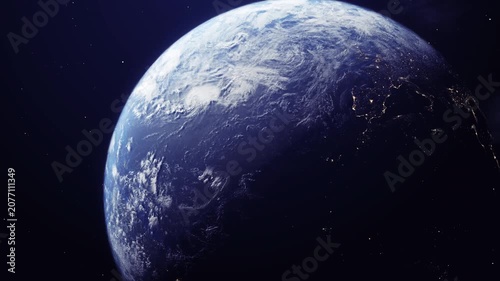 Planet Earth viewed from space featuring illuminated at night, realistic clouds, atmosphere, and city lights, symbolizing global communication, environment, geography, satellite technology, and worldw