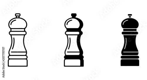 Classic Pepper Mill Icons, Black and White Kitchen Grinder Vector Set, Culinary Seasoning Tools