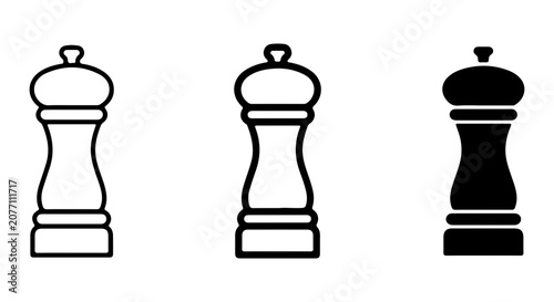 Classic Pepper Mill Icons, Black and White, Vector Set for Culinary Design