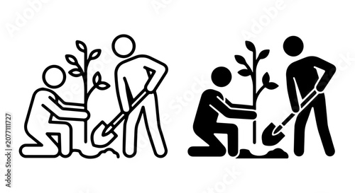 Planting Tree Icons, Two Person Gardening Vector Set, Eco Growth Symbol