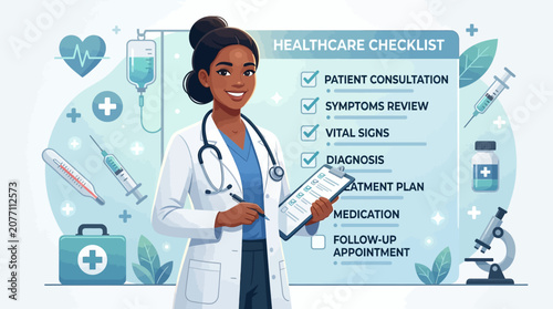 Smiling female doctor with healthcare checklist illustration