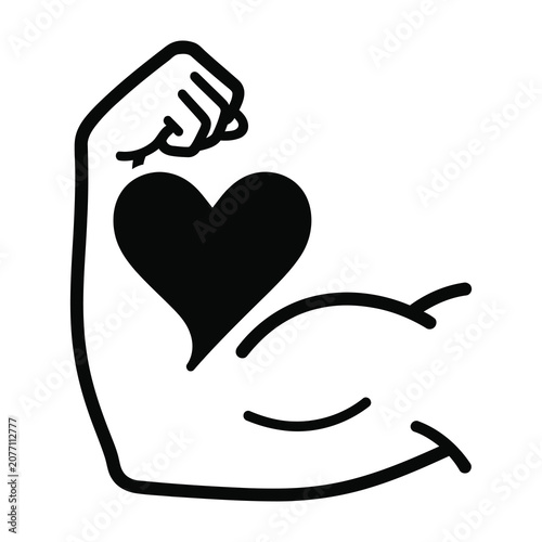 Heart symbol on flexed arm showing love and strength together