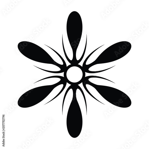Black flower symbol with eight petals and white center on plain background