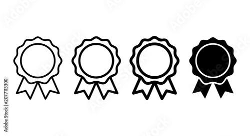Award Ribbons, Medals, Badges Vector Icons Set. Recognition, Achievement, Quality Seals. Black and White.