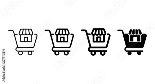 Shopping Cart Icons with Storefront, E-commerce Vector Set, Online Retail Symbols, Digital Business Graphics
