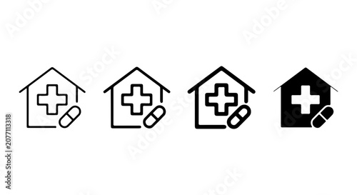 Medical Clinic Icons, Healthcare Building Symbols, Pharmacy House Graphics, Hospital Cross and Pill Set