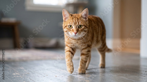 Obraz na plátně A beautiful orange tabby cat walking across a wooden floor in a home interior se