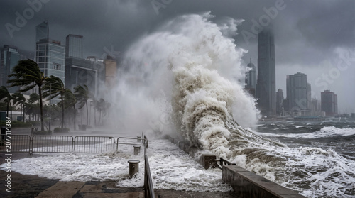 Foto Powerful storm surge crashing against the waterfront promenade in hong kong duri