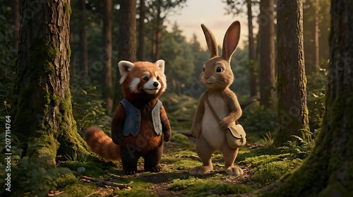 Woodland friends meeting in a sunlit forest path surrounded by trees