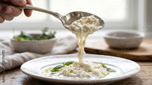 Chef hand lifting creamy stracciatella burrata cheese with a vintage spoon creating rich stretchy strands over a white plate with fresh basil leaves