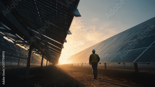 Worker walks through a solar farm at sunrise while inspecting solar panels and enjoying the morning light