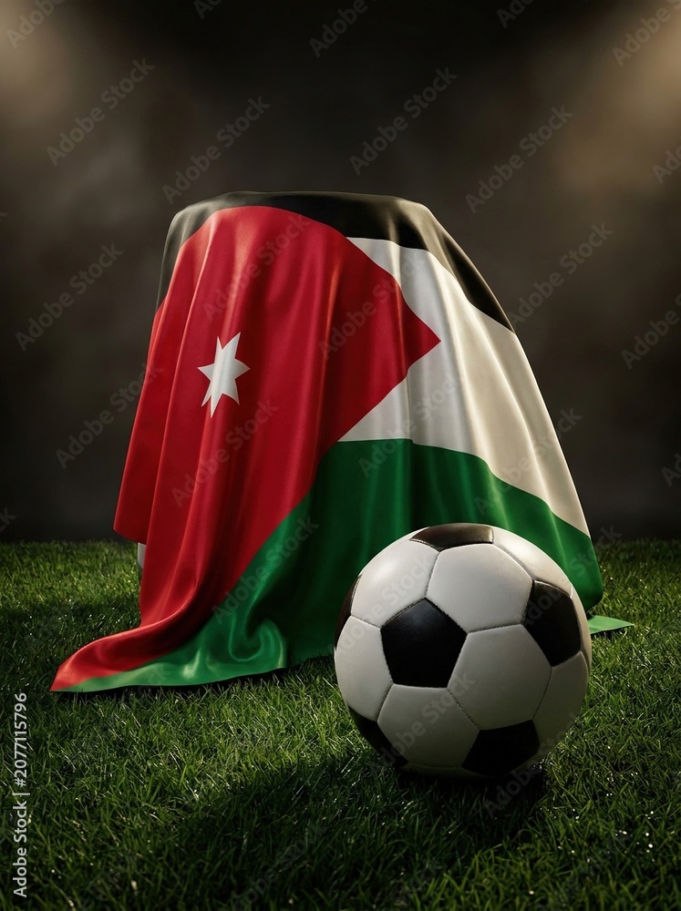 Naklejka premium Soccer ball resting on Jordan flag on grass with dramatic lighting