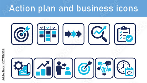 Fotografie Action plan and business strategy solid icon set