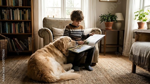 Young boy and dog reading book together in cozy living room armchair
