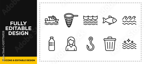Fotografie flat vector illustration line art icon bundle set design depicting ocean fishing