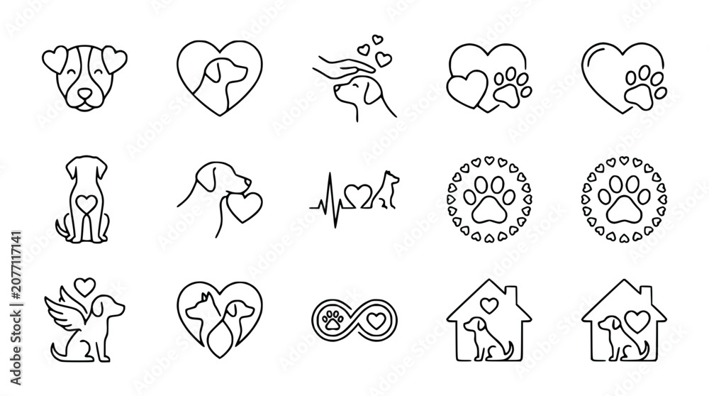 Fototapeta premium Dog Love Icons: Heart, Paw Prints, Pet Care, Animal Symbols Collection