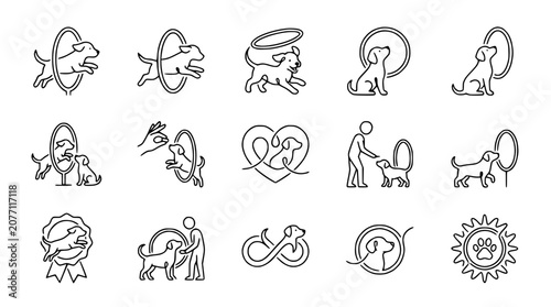Photos Dog Agility Training & Pet Care Icons Set: Line Art Collection