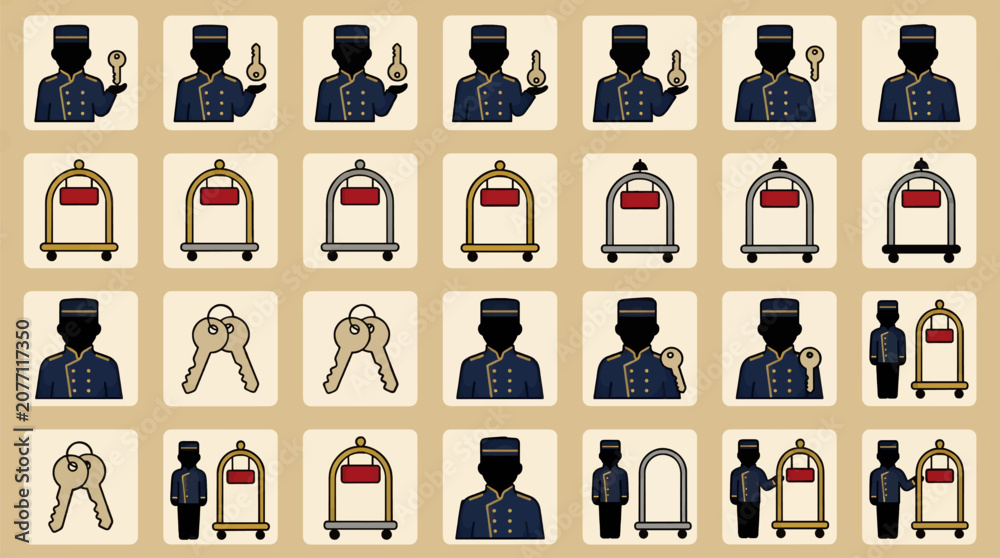 Fototapeta premium Flat Vector Icon Sheet of Hotel Bellboy Characters and Luggage Carts, Holding Keys and Posing, Minimalist Graphic Elements on Beige Background, Hotel Service Icons