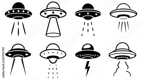 Konstfotografi Flying saucer alien ufo vector icon set retro spaceship cosmic beams and lightni