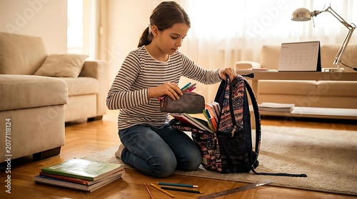 Young girl packing school backpack with colorful supplies at home