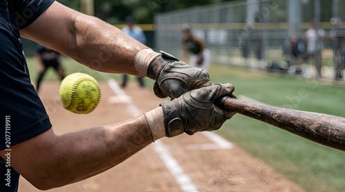 Baseball Player Swinging Bat at Softball Mid-Air During Game
