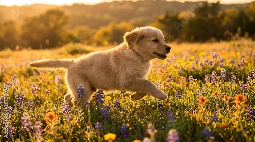 Young puppy runs through a field of wildflowers in warm sunlight