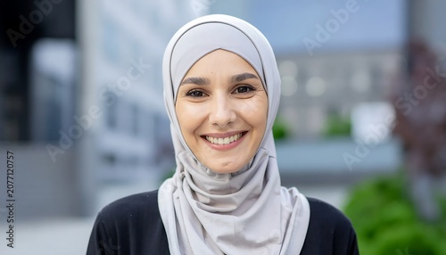 Woman in hijab smiling outdoors urban setting.
