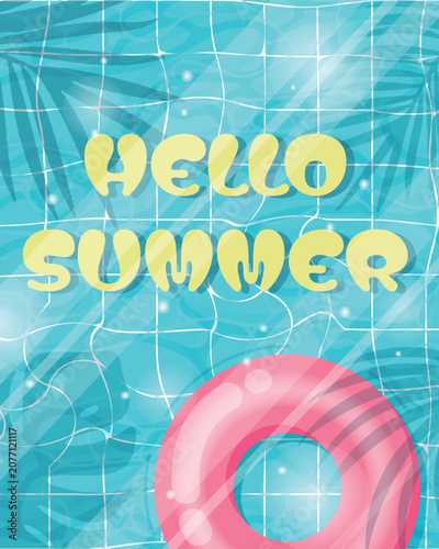Hello summer pool float swimming inflatable pink ring on water surface background in blue tiled pool with palm shadows for summer resort, pool party and vacation design.