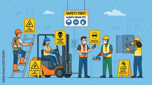 Workplace Safety Illustration: Construction Workers with Equipment and Warning Signs.