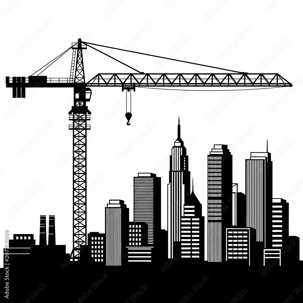 Obraz premium Silhouette Cityscape with Construction Crane, Black and White Vector Illustration