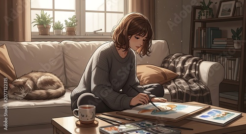 Young woman painting a picture indoors on a cozy day