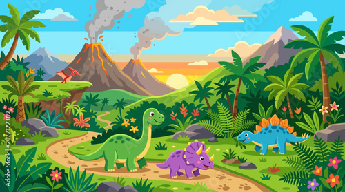 Flat vector dinosaur adventure background, friendly dinosaurs, volcanoes and tropical plants


