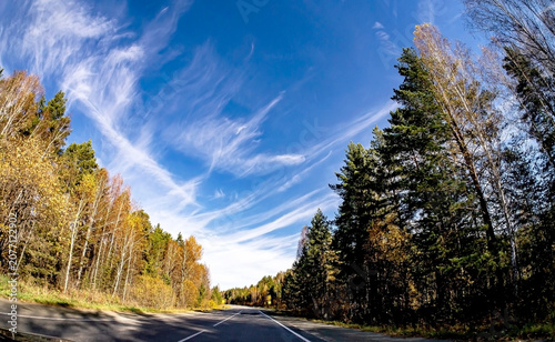 view of the autumn road from the windshield of a suburban car