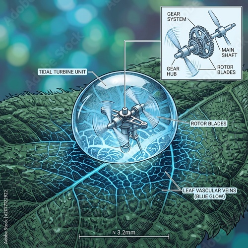 Macro Water Droplet with Miniature Tidal Turbine Glowing on Leaf Symbolizing Renewable Energy Innovation