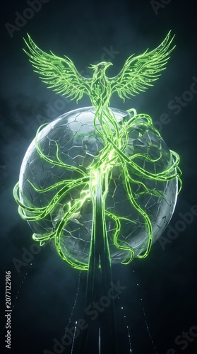 Surreal Glass Globe with Neon Energy Phoenix and Circuit Vines Symbolizing Renewable Power Transformation