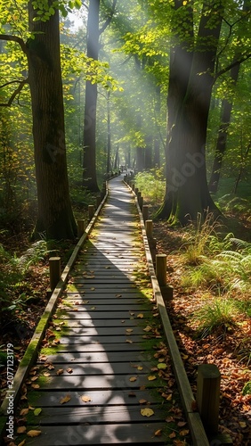 Serene wooden boardwalk winding through dense forest foliage.