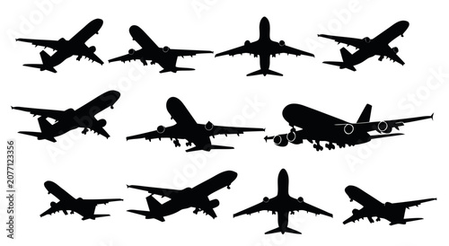 Canvastavla Set of diverse airplane silhouettes for travel and aviation design vector illust