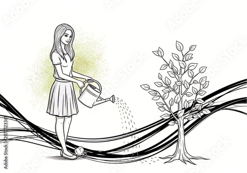 Young woman watering a growing plant with a watering can illustration