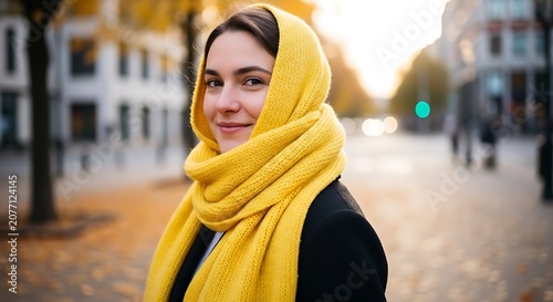 Young woman wearing yellow scarf and headscarf outdoors autumn sunlight