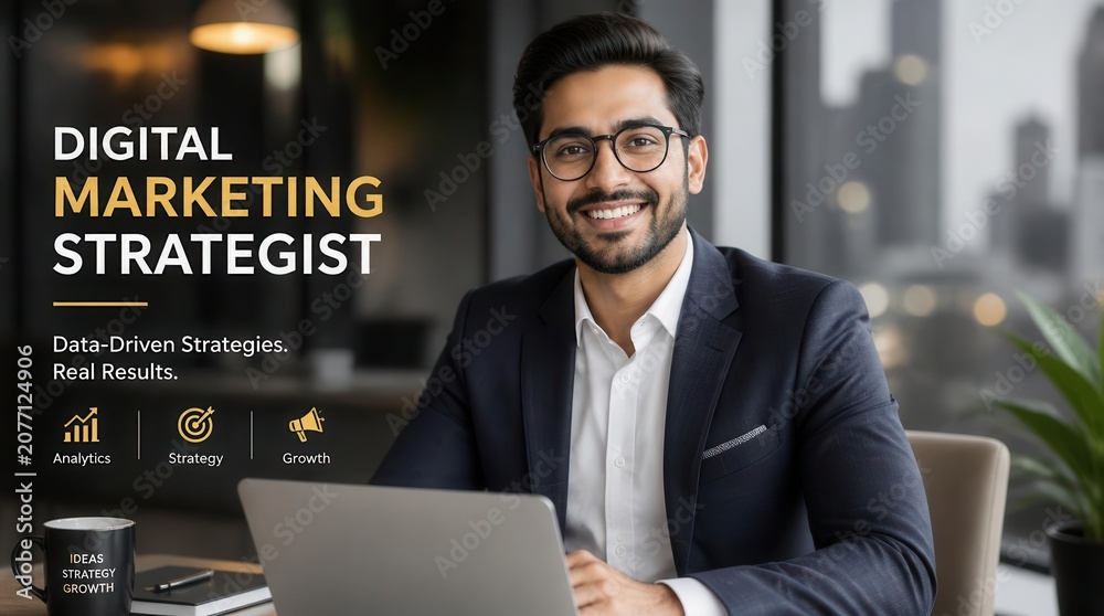 Fototapeta premium A confident Indian man, a digital marketing strategist with glasses, smiles while sitting at a desk with a laptop, showcasing data-driven strategies for real business growth and success