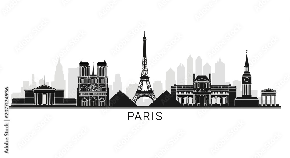 Fototapeta premium Paris cityscape silhouette illustration, black architecture landmark design