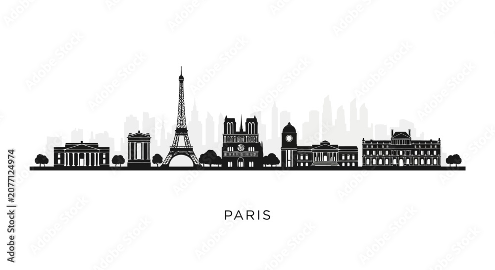Fototapeta premium Paris Skyline Silhouette: Iconic Landmarks Cityscape Vector