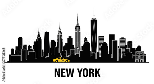 New York City Skyline Silhouette with Taxi Cab
