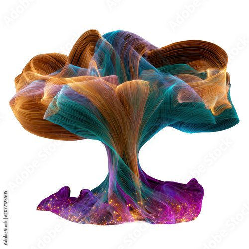 Fantasy mushroom created from glowing flowing light ribbons, isolated as a high quality PNG with transparent background for magical, nature and creative artwork.