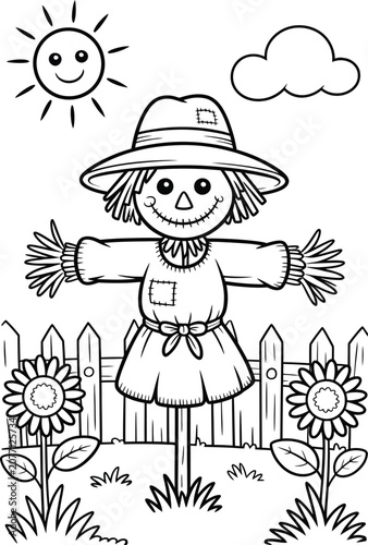 Cute cartoon scarecrow in field with sunflowers sun and clouds drawing.