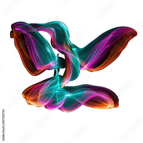 Graceful abstract dove formed from glowing colorful light ribbons, isolated as a high quality PNG with transparent background for peace, spirituality and creative artwork.