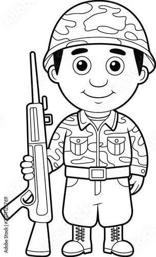 Cartoon soldier character wearing camo uniform holding rifle for coloring.