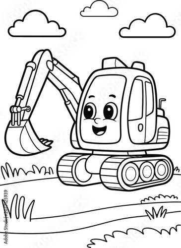 Cute cartoon excavator working in nature field line art illustration graphic.