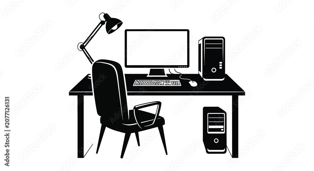 Fototapeta premium office desk with computer and chair silhouette