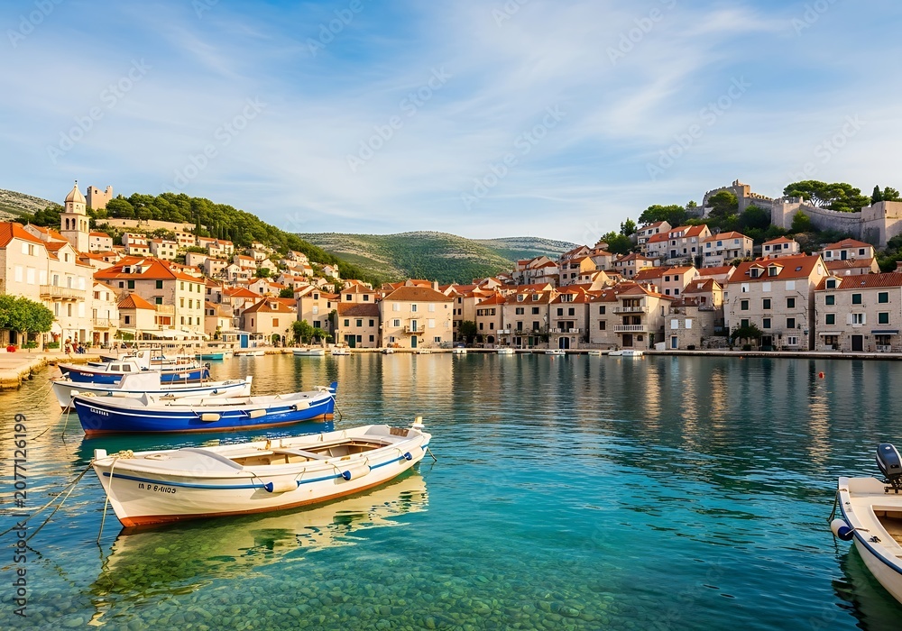 Obraz premium Sunset view of coastal village with anchored boats.